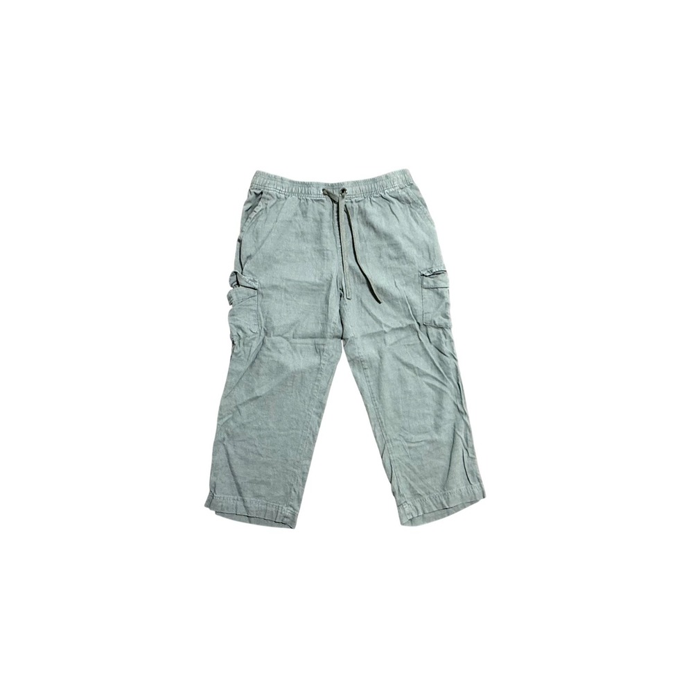 C Capri Pants Womens Medium Green Linen‎ Rayon Cargo Drawstring Pockets